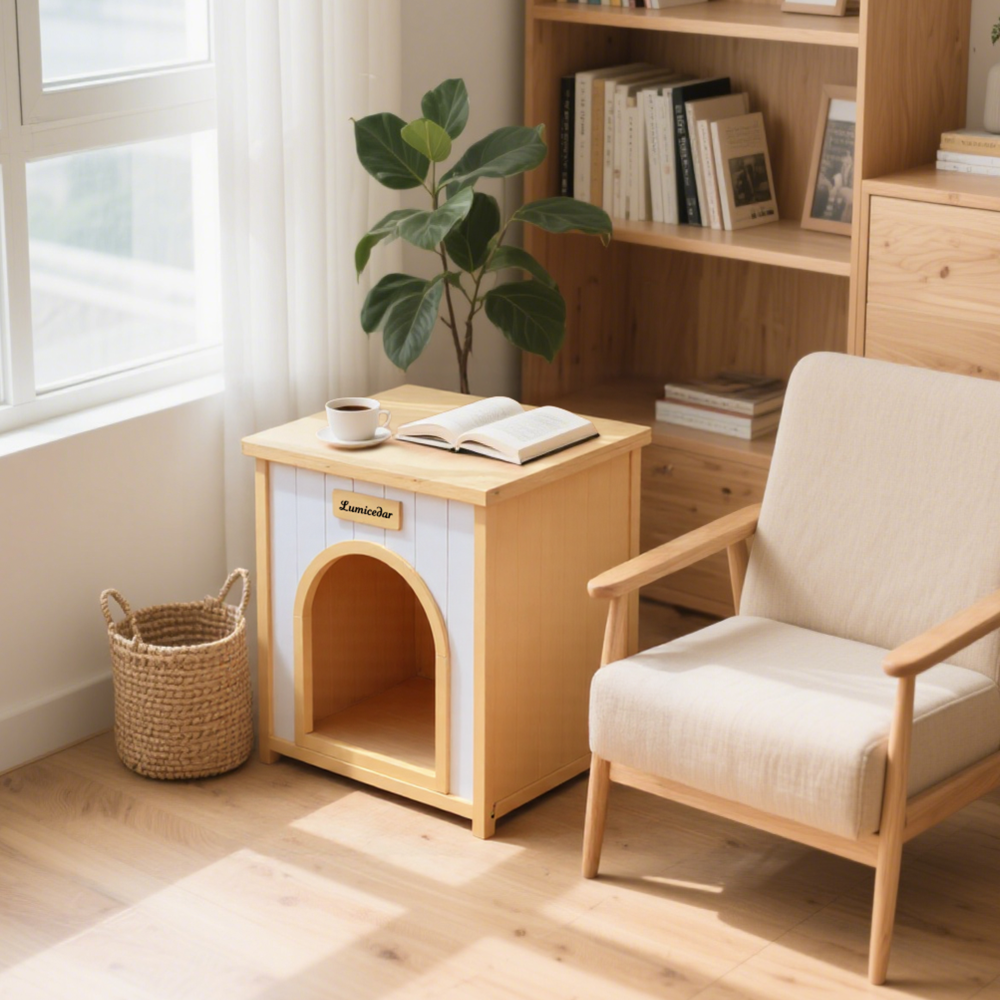 Lumicedar Cream Yellow Flat Roof Pet House  FSC Solid Wood 53×51.6×60 cm Indoor Shelter for Small Cats & Dogs