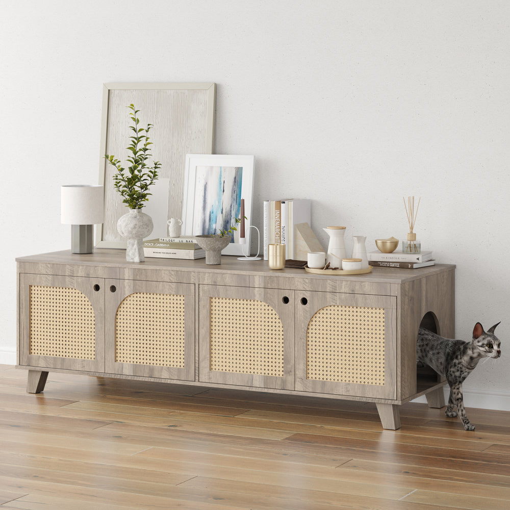 Double Hidden Cat Litter Box Enclosure Furniture Cabinet with Rattan Decorated Doors for Two Cats, Two Entrances