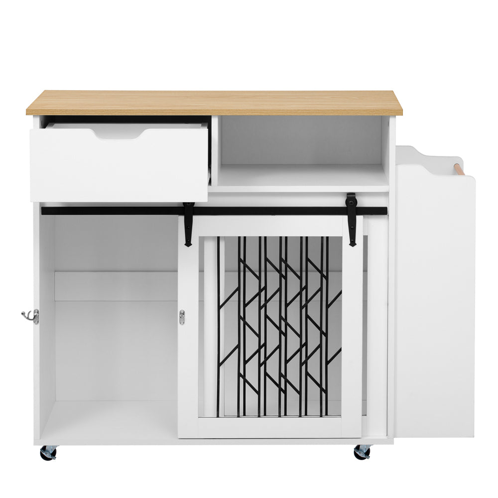 2 IN 1 Modern Dog Crate Kitchen Island With Storage for Small-sized Dogs up to 40lbs, 33.8" L, Cream White Dog Furniture End Table  with Wheels
