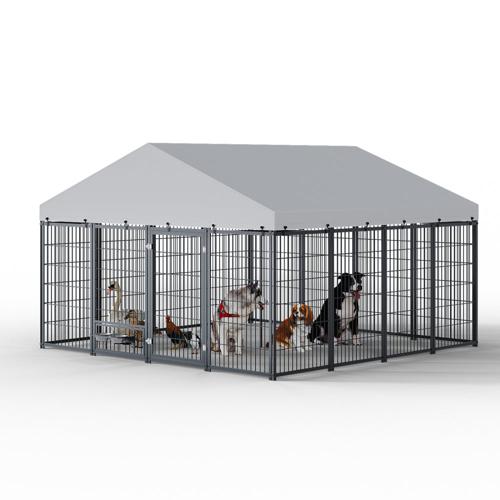 Large Dog Kennel Outdoor Pet Pens Dogs Run Enclosure Animal Hutch Metal Coop Fence with Roof Cover. 9.62'L x 9.35'W x 6.18'H.