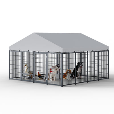 Large Dog Kennel Outdoor Pet Pens Dogs Run Enclosure Animal Hutch Metal Coop Fence with Roof Cover. 9.62'L x 9.35'W x 6.18'H.