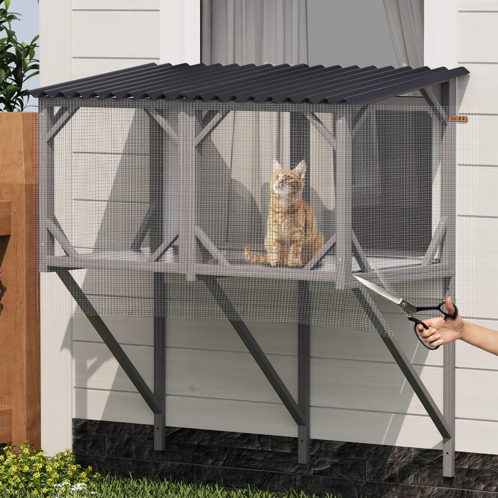 Cat Window Box, 43.3" Catio Outdoor Cat Enclosure with Bug Proof Net for Sunbathing, Napping & Viewing, Window Perch for Large Indoor Cats - All Weather Use, Cat Cage