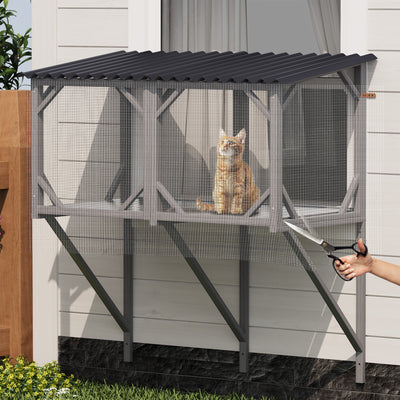 Cat Window Box, 43.3" Catio Outdoor Cat Enclosure with Bug Proof Net for Sunbathing, Napping & Viewing, Window Perch for Large Indoor Cats - All Weather Use, Cat Cage