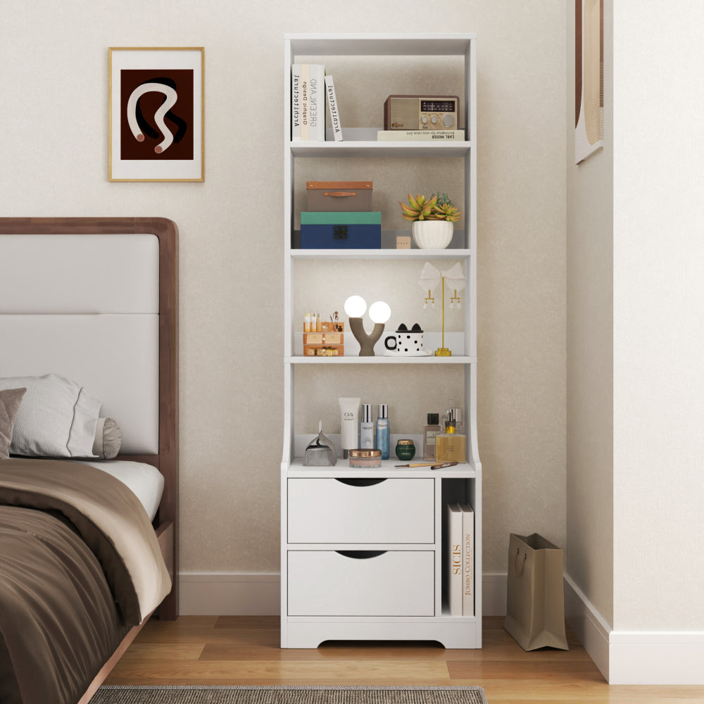 SunJet Night Stand with Bookshelf, Night Stand with 2 Storage Drawers for Bedroom