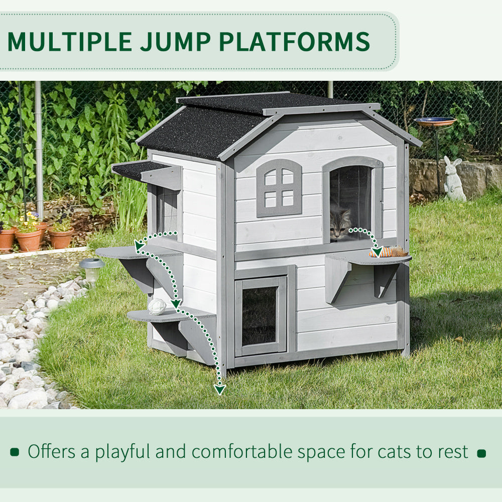 PawHut 2-story Cat House Outdoor, Weatherproof Wooden Cat Enclosure for Feral Cats with Escape Door, Openable Roof, Jumping Platforms, White
