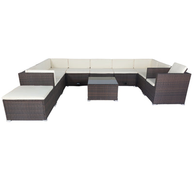 11 Piece Patio Wicker Conversation Set with Storage Boxes - Brown Wicker & White Cushions