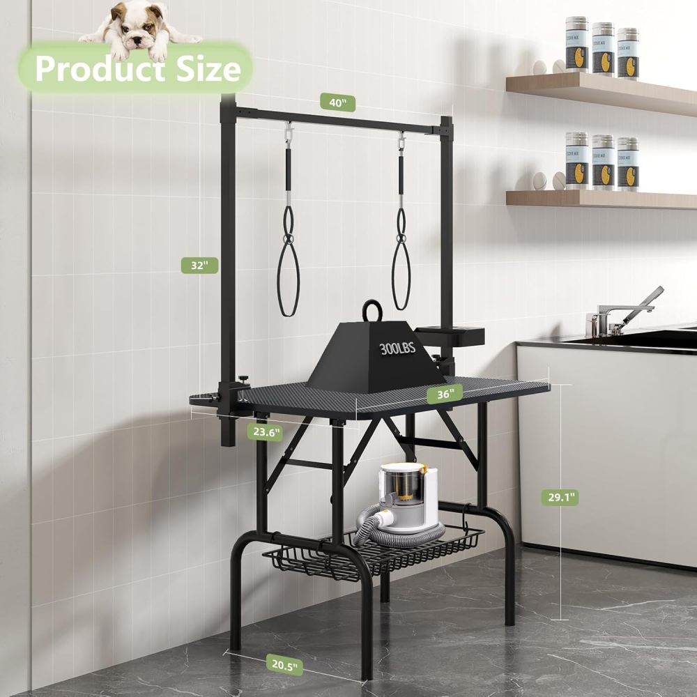 36''Large Dog Grooming Table, Foldable Pet Station at Home, Dog Grooming Table,Adjustable Cat Drying Desktop with Arms, Nooses, Mesh Tray (36Inch Pet Grooming Table Black)