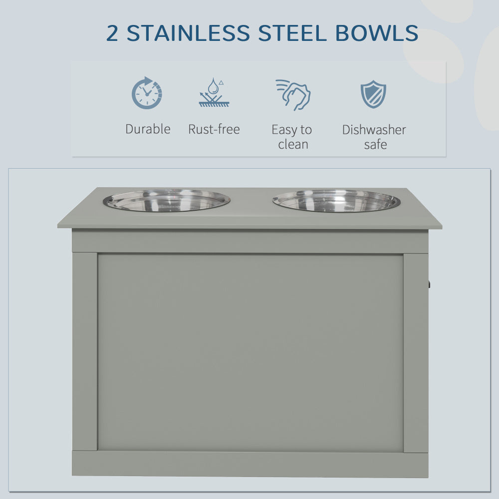 PawHut Raised Pet Feeding Storage Station with 2 Stainless Steel Bowls Base for Large Dogs and Other Large Pets, Gray