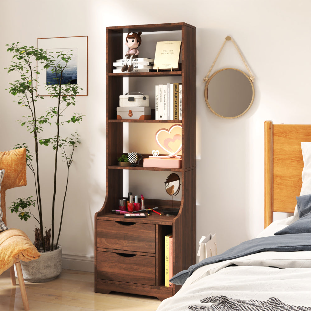 SunJet Night Stand with Bookshelf, Night Stand with 2 Storage Drawers for Bedroom