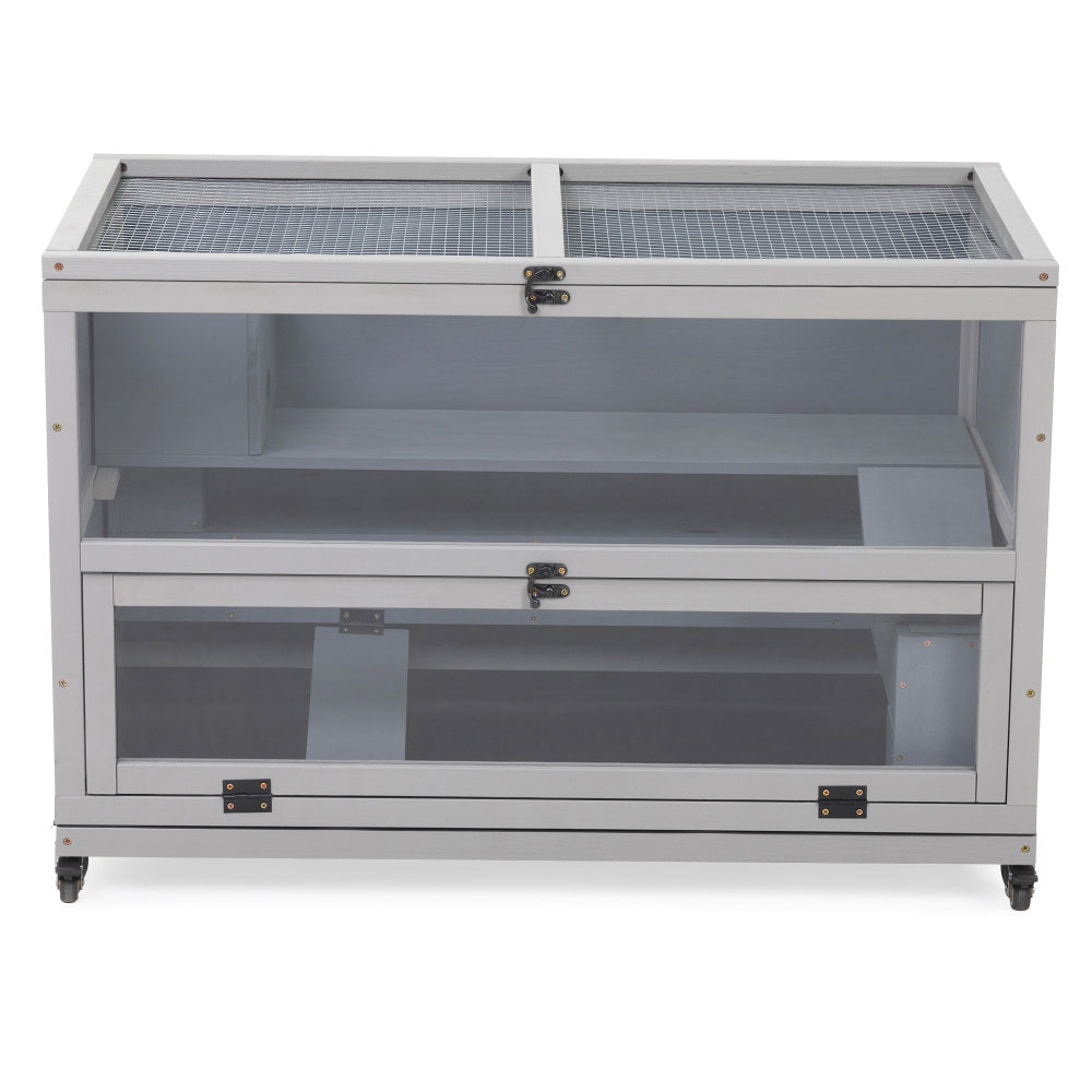 Wooden Hamster Cage, Gerbil Cage Enclosure with Tunnels, Detachable Tray, Wheels, Openable Top & Front, Small Animal Hutch for Mice, Rat, Gray