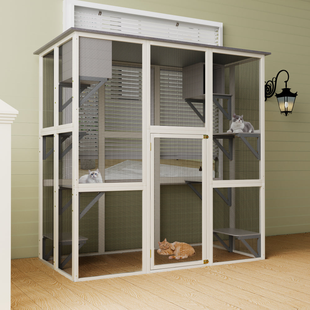 Gray Wooden Outdoor Catio Cat Enclosure with Weatherproof Asphalt Roof, Large Walk-in Cat House with 6 Platforms & 2 Napping Boxes, Solid Wood Cat Cage  Kennel Condo Playpen for Patio