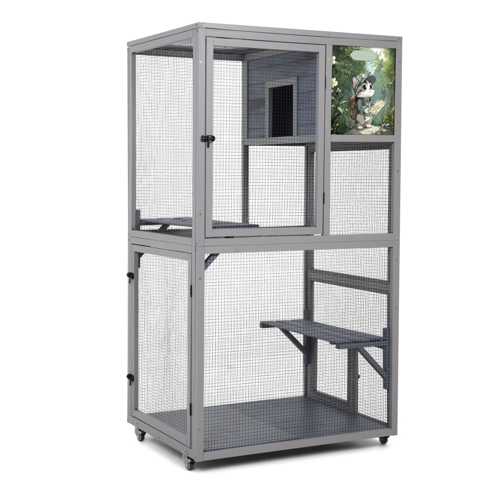 Cat House Catio Outdoor Enclosure with Platforms, 66'' cat condos on Wheels for Outdoor Patio, Dark Gray