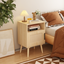 SunJet  22.83'' H Rattan Nightstand, Side Table with Door Open Shelf,  Accent Bedside End Table with Solid Wood Legs for Bedroom, Dorm and Small Spaces, Oak