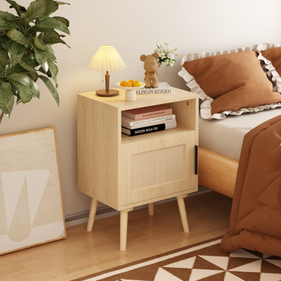 SunJet  22.83'' H Rattan Nightstand, Side Table with Door Open Shelf,  Accent Bedside End Table with Solid Wood Legs for Bedroom, Dorm and Small Spaces, Oak