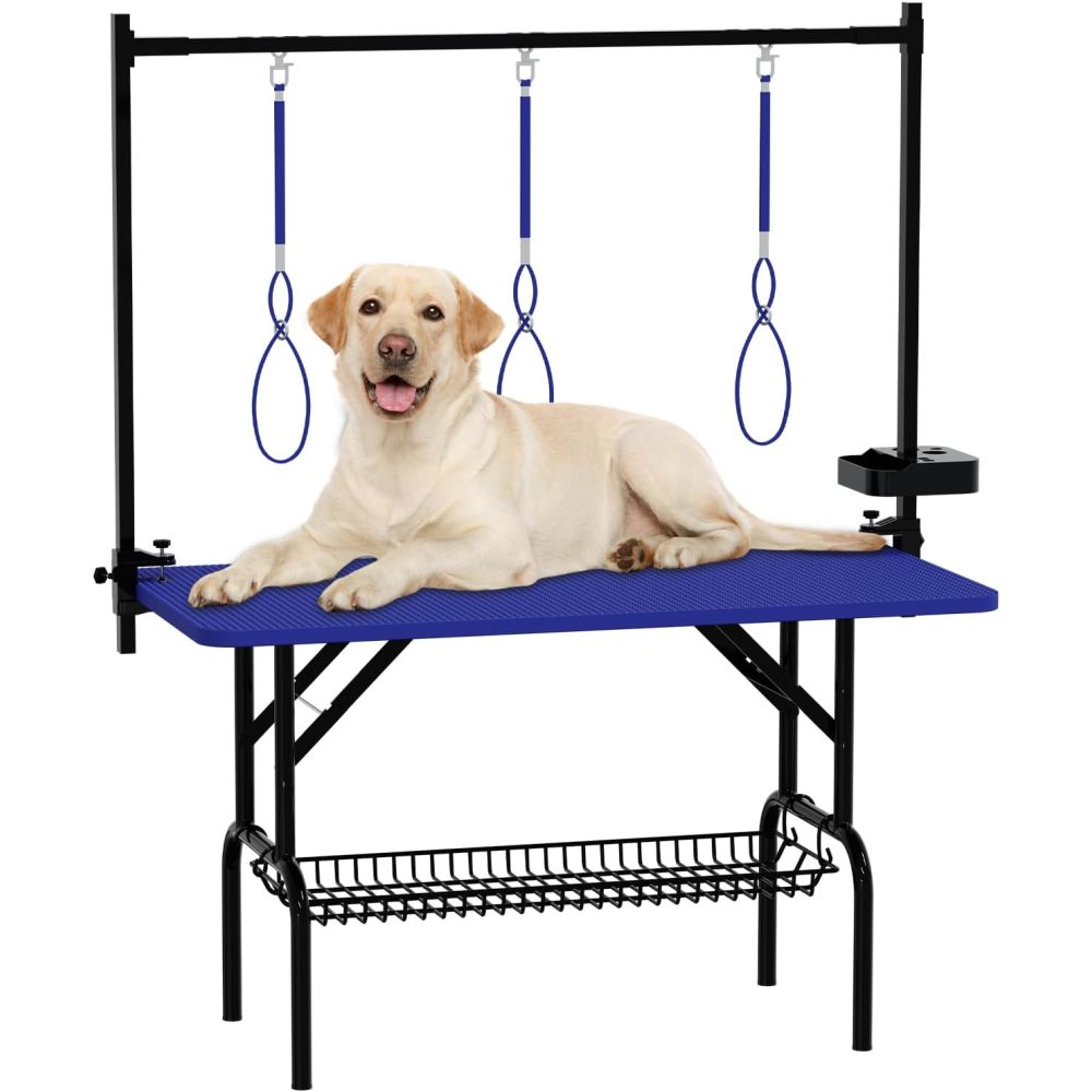 47''Large Dog Grooming Table, Foldable Pet Station at Home, Dog Grooming Table,Adjustable Cat Drying Desktop with Arms, Nooses, Mesh Tray (47Inch Pet Grooming Table Pink)