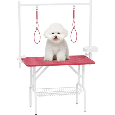 36''Large Dog Grooming Table, Foldable Pet Station at Home, Dog Grooming Table,Adjustable Cat Drying Desktop with Arms, Nooses, Mesh Tray (36Inch Pet Grooming Table Pink)