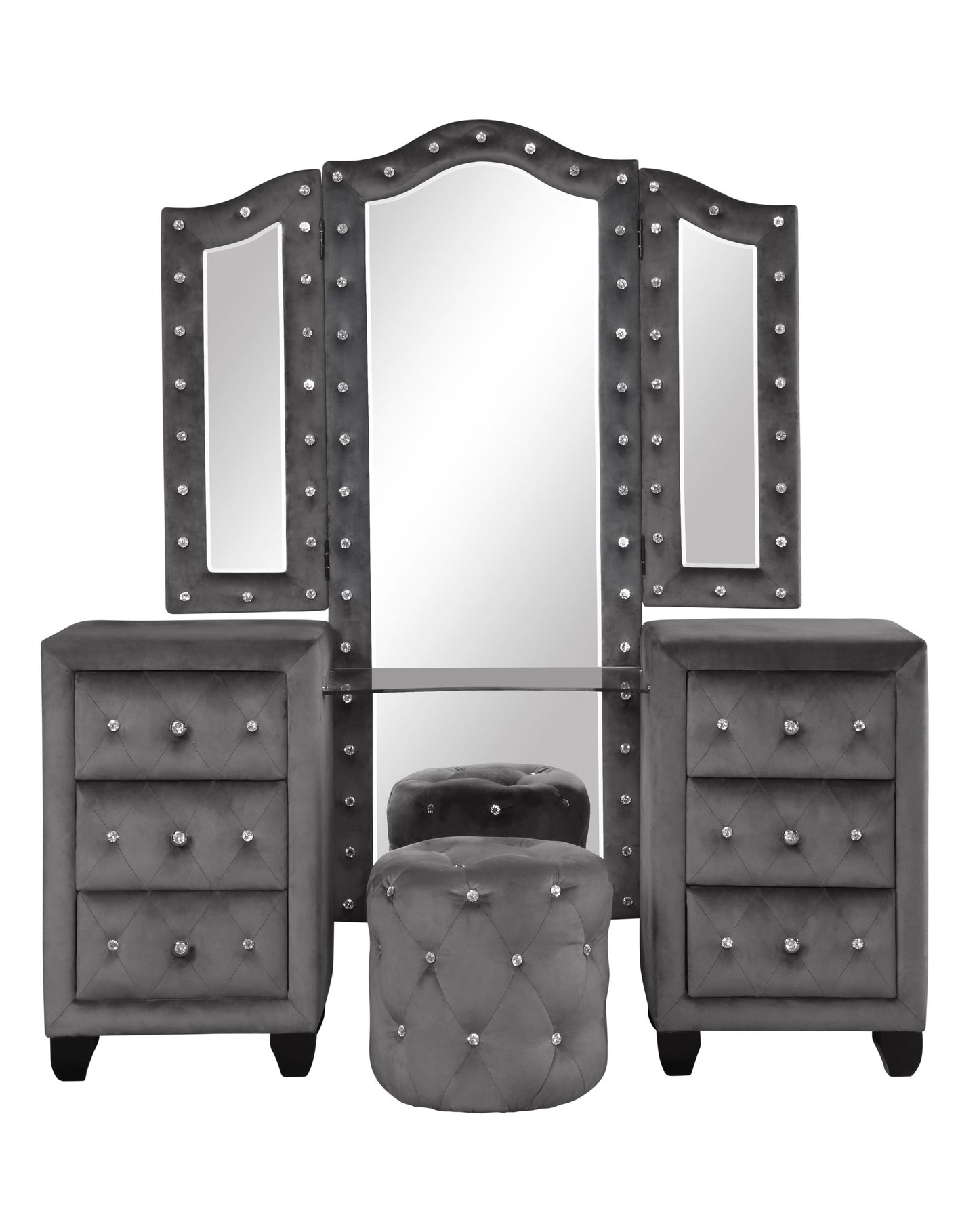 Modern Style Crystal Tufted Upholstery 6-Drawer Vanity Set with Stool, finished with Velvet Fabric made with Wood in Gray(NJ Inventory)