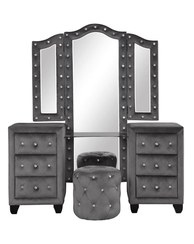 Modern Style Crystal Tufted Upholstery 6-Drawer Vanity Set with Stool, finished with Velvet Fabric made with Wood in Gray(NJ Inventory)