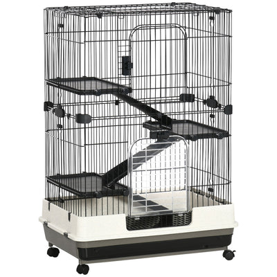 PawHut 4-Level Small Animal Cage Rabbit Hutch with Wheels, Removable Tray, Platform and Ramp for Bunny, Chinchillas, Ferret, Black