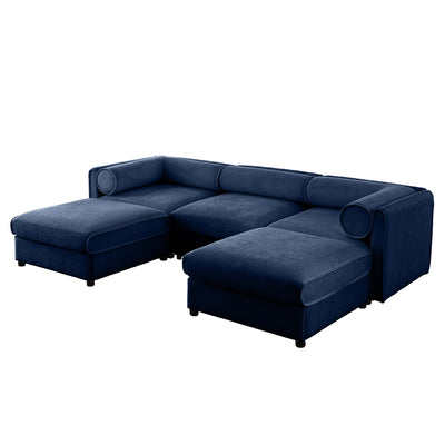 Contemporary Elegant Blue Chenille Sofa with Storage Seat and Ottoman, U-Shaped 3-Seater with Cylindrical Backrest and Armrests