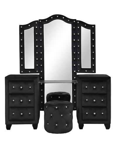 Modern Style Crystal Tufted Upholstery 6-Drawer Vanity Set with Stool, finished with Velvet Fabric made with Wood in Black(NJ Inventory)