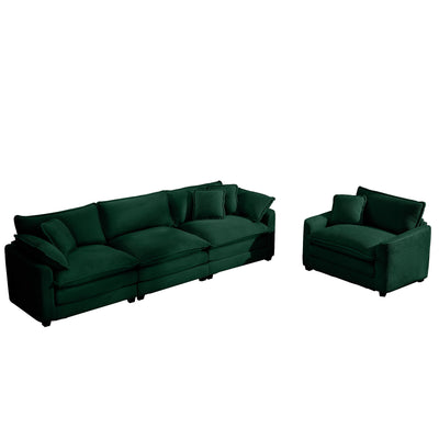 Mid-Century Modern Sectional Set - 3-Seater & Single-Seater with Arm & Throw Pillows - Green Corduroy Fabric