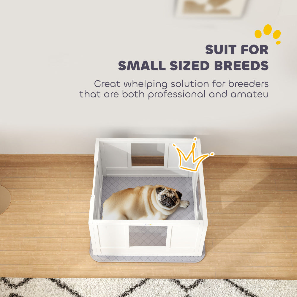 PawHut Whelping Box for Dogs with Waterproof Whelping Pad, Dog Whelping Pen with Clear Panels, Adjustable Entrance, Double Room, Non-slip Foot Pads, for Small Dogs, 33.1" L x 31.5" W x 18.9" H