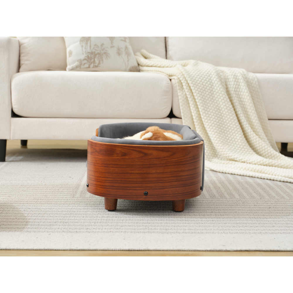 Scandinavian style Elevated Dog Bed Pet Sofa With Solid Wood legs and Walnut Bent Wood Back,Dark Grey Velvet,Small Size