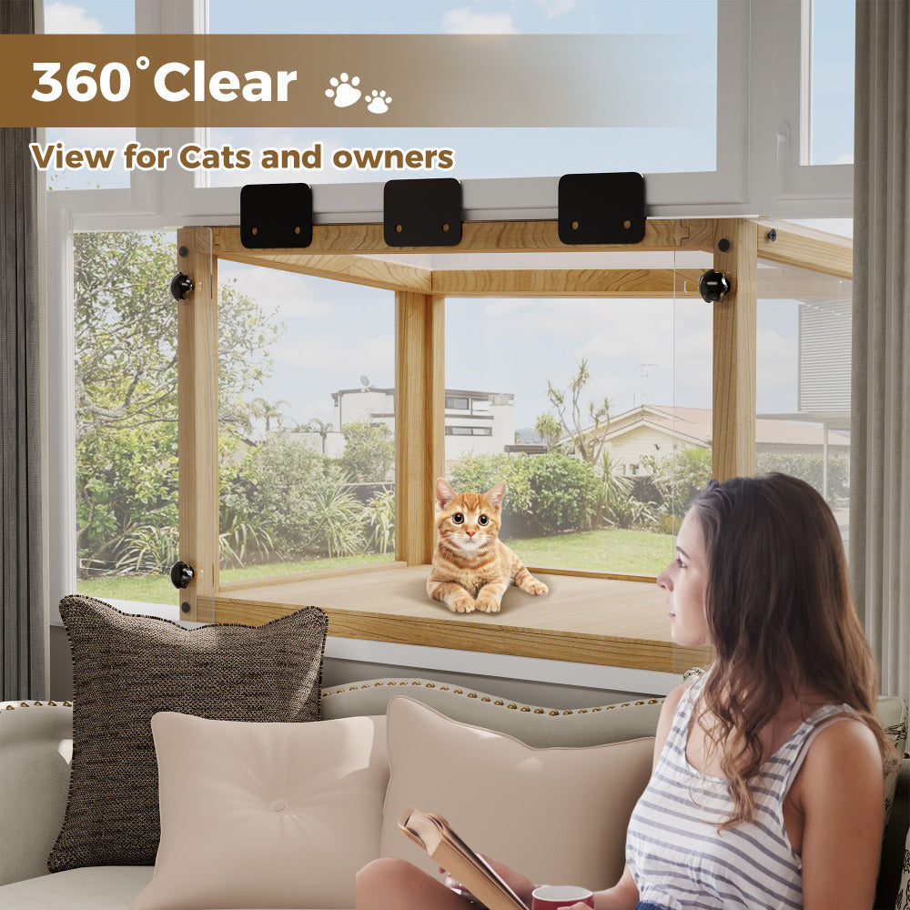 Waterproof Window Cat Perch Catio, Wood Cat Window Box, Window Catio for Indoor Cats. Suitable Single Hanging Window with an Inner Diameter of The Window Frame with A Net Opening Width of 24-35 in