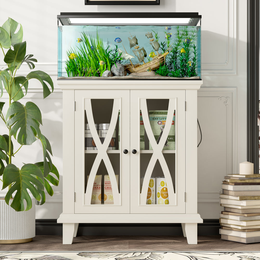 20 Gallon Fish Tank Stand with Power Outlets(4 AC 2 USB), Farmhouse Decorative Aquarium Stand Furniture with Adjustable Shelves, 10-20 Gallon Reptile Turtle Tank Stand with Cabinet Storage, Beige