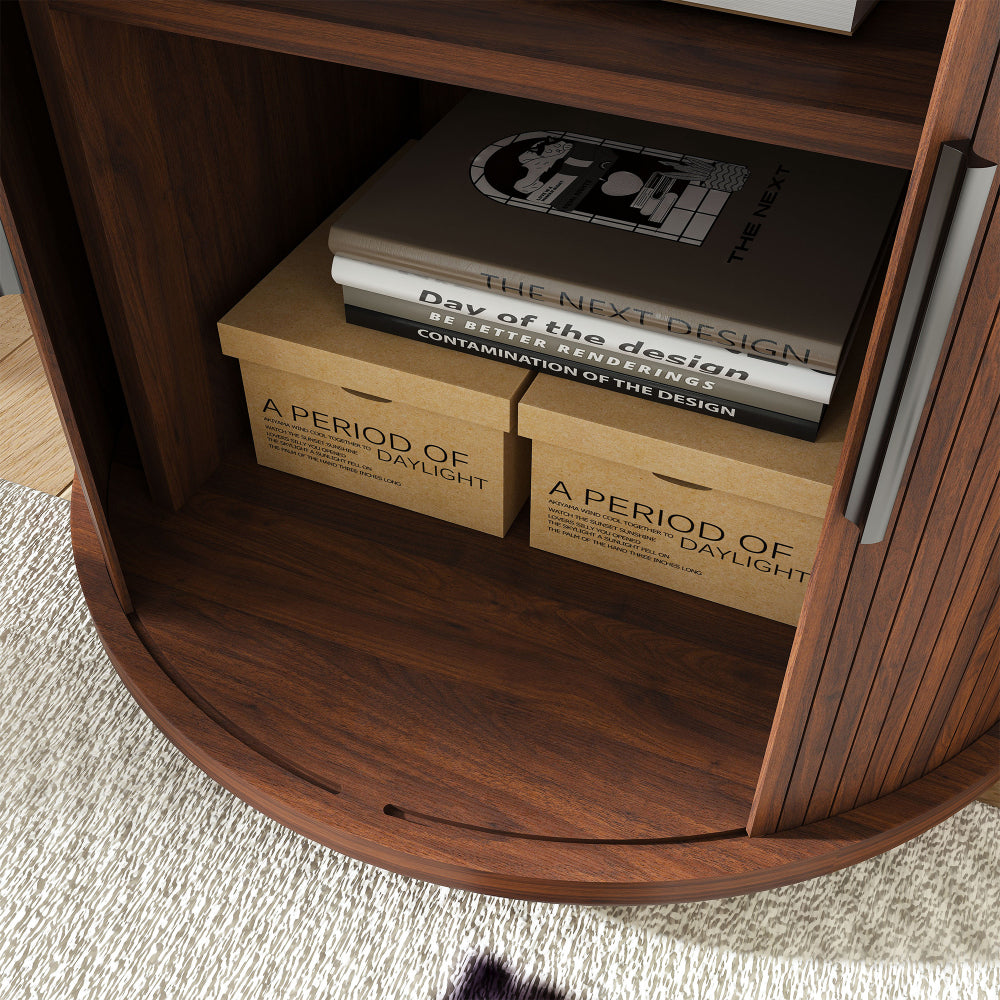 SunJet Mid Century Modern Cylinder End Table with Built-in Charging Station & Sliding Door, 2-Tier Storage Round Nightstand with USB Ports, Walnut Bedside Table for Living Room, Bedroom, Entryway