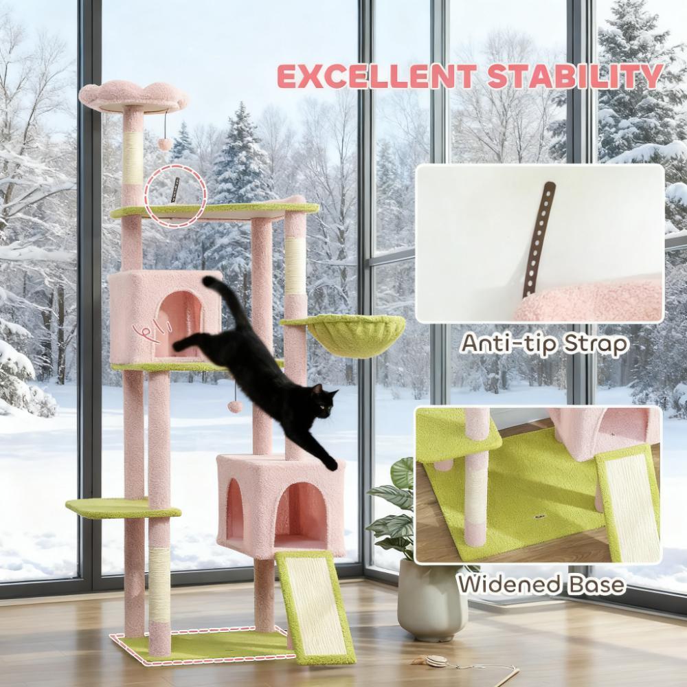 Large Cat Tower with Scratching Post & Board 74" Flower Cat Tree