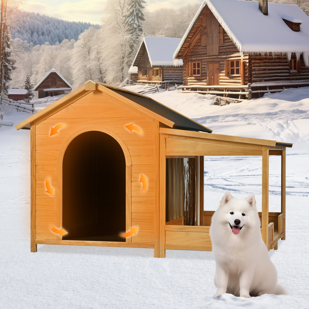 60.2" Large Outdoor Dog House with Insulated Liner for Winter Waterproof Dog Kennel for Medium & Large Dogs, Dog House with Porch and Asphalt Roof and Elevated Floor, Nature