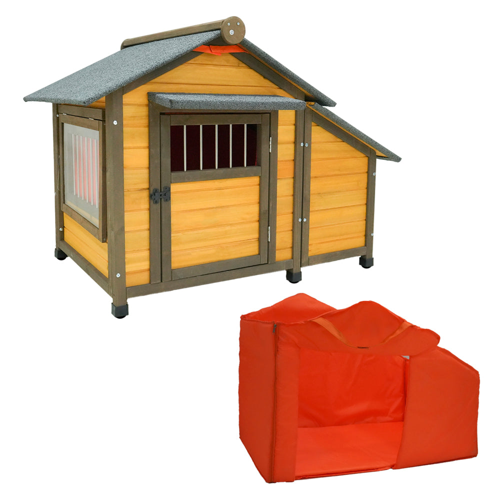 45"large solid wood dog house, waterproof PVC plastic roof, breathable wooden doors