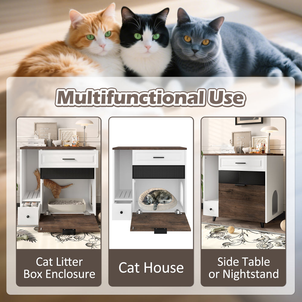 Cat Litter Box Enclosure, Indoor Hidden Cat Litter Box Furniture with 2 Drawers and Door, Cat House End Table for Living room, White and Brown