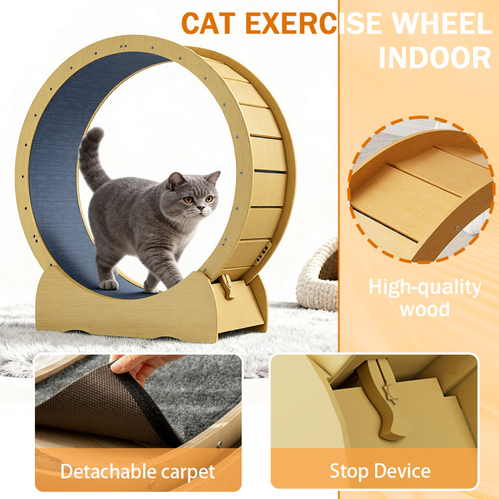 Cat Exercise Wheel for Indoor Cats, 42" Cat Treadmill Wheel with Detachable Carpeted Runway, Natural Solid Wood Sturdy Running Wheel for Running/Training/Walking, Suitable for Most Cats