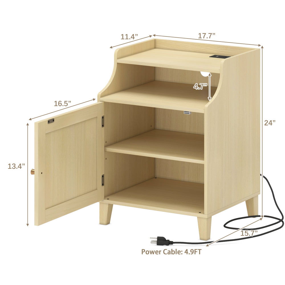 SunJet Farmhouse Nightstand with Charging Station Bedside Table with Rattan Door&Adjustable Shelf, Wood Couch Side Table End Table for Bedroom, Natural Oak