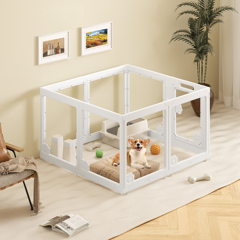 Expandable 8PCS Dog Playpen for Indoors, Modular Puppy Play Pen with Lockable Door, Chew-Proof Transparent Panels & Waterproof Base. Perfect for Small Animals, Puppy Training or Multi-Pet Homes