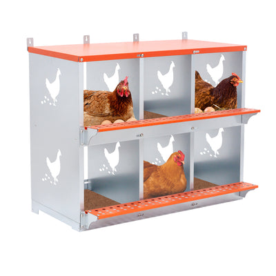 6-Bay Metal Nest Box-Wall Mount for Hens/Ducks, Easy Egg Collection & Assembly, Vented Galvanized Steel Coop Equipment Orange