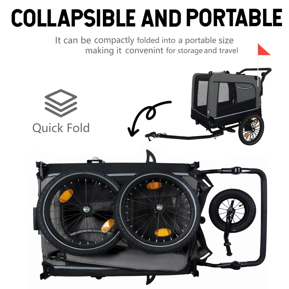 Extra Large 2-in-1 Bike Trailer & Push Cart for Pets - Detachable Bike Hitch & Push Handle Included - All-Terrain Wheels Quick Release, Non-Slip Floor, Internal Leash,  Up to 88 lbs, Black- Grey