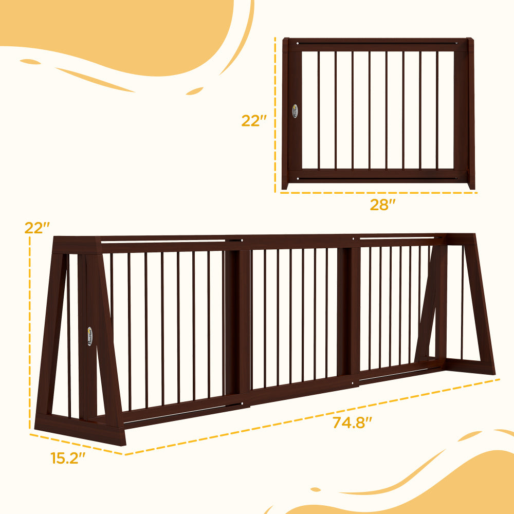PawHut Freestanding Pet Gate, Wooden Dog Gate with 28"-75" Retractable Length, Support Feet, Non-Slip Mats, 3 Panel Pet Gate for Indoor, Stairway, Doorway, Brown