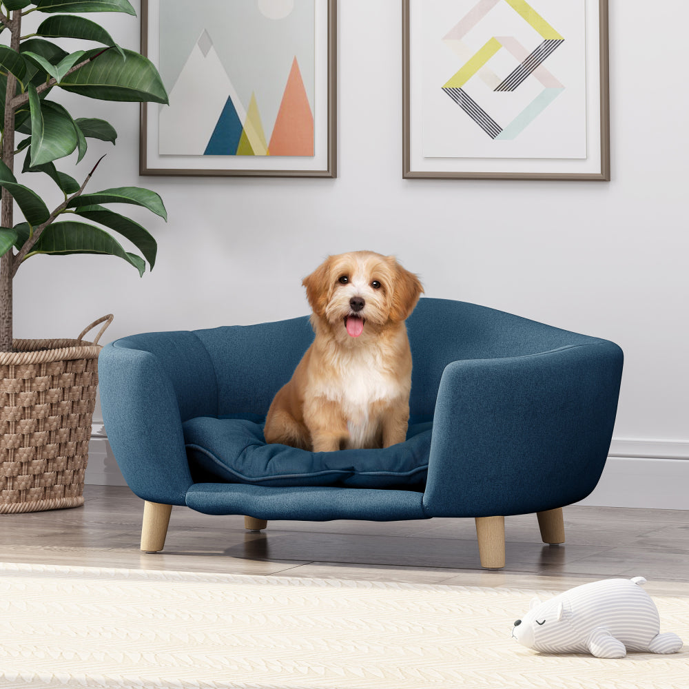 Elevated Dog Bed Frame for Small Dog, Corduroy Pet Couch Bed with Rubber Wood Legs and Supportive Foam, Beige, Easy Assembly