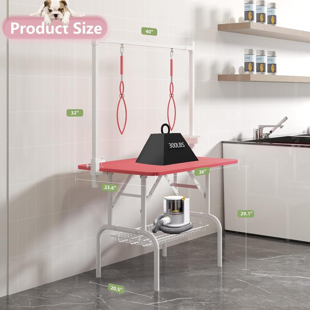 36''Large Dog Grooming Table, Foldable Pet Station at Home, Dog Grooming Table,Adjustable Cat Drying Desktop with Arms, Nooses, Mesh Tray (36Inch Pet Grooming Table Pink)