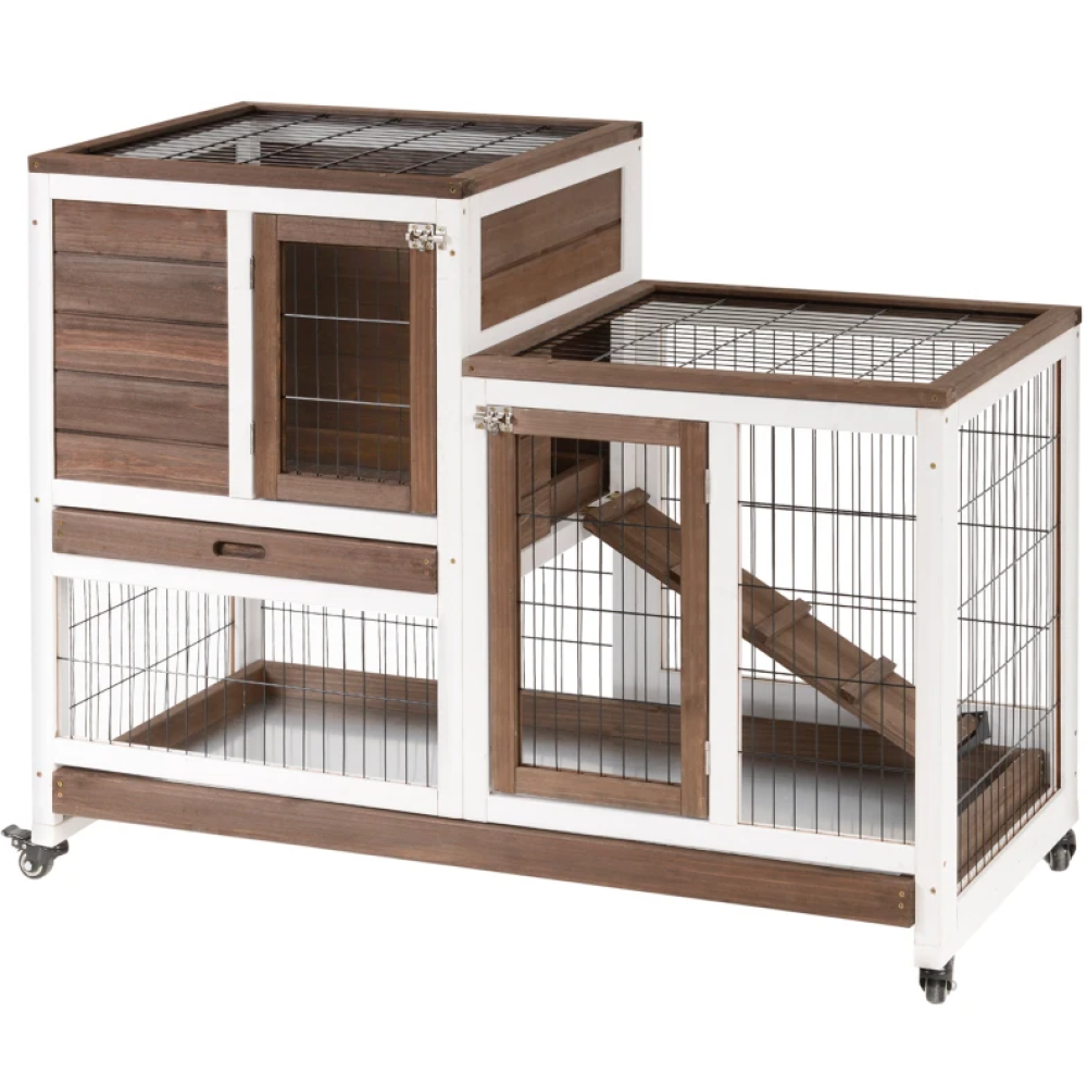 Wooden Rabbit Hutch Elevated Bunny Cage Indoor  with Enclosed Run with Wheels, Ramp, Removable Tray , Brown