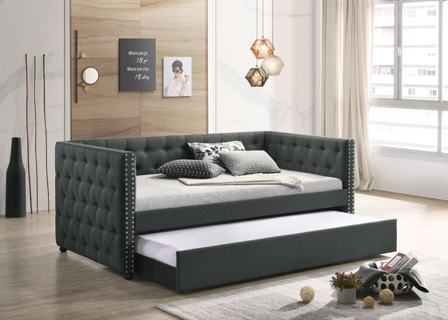 Romona Gray Fabric Daybed W/Trundle (Full)