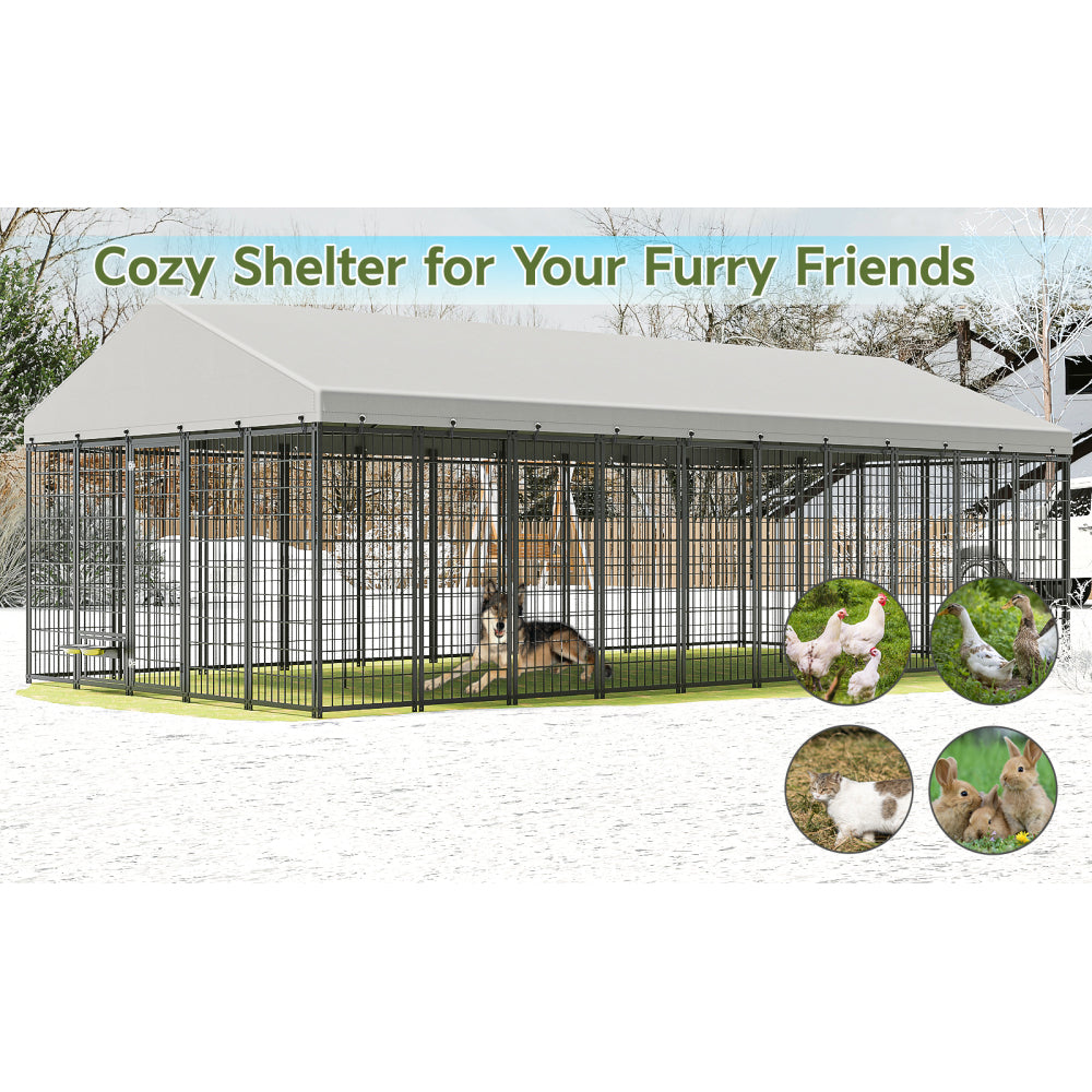 Large Dog Kennel Outdoor Pet Pens Dogs Run Enclosure Animal Hutch Metal Coop Fence with Roof Cover. 18.9'L x 9.61'W x 6.76'H.
