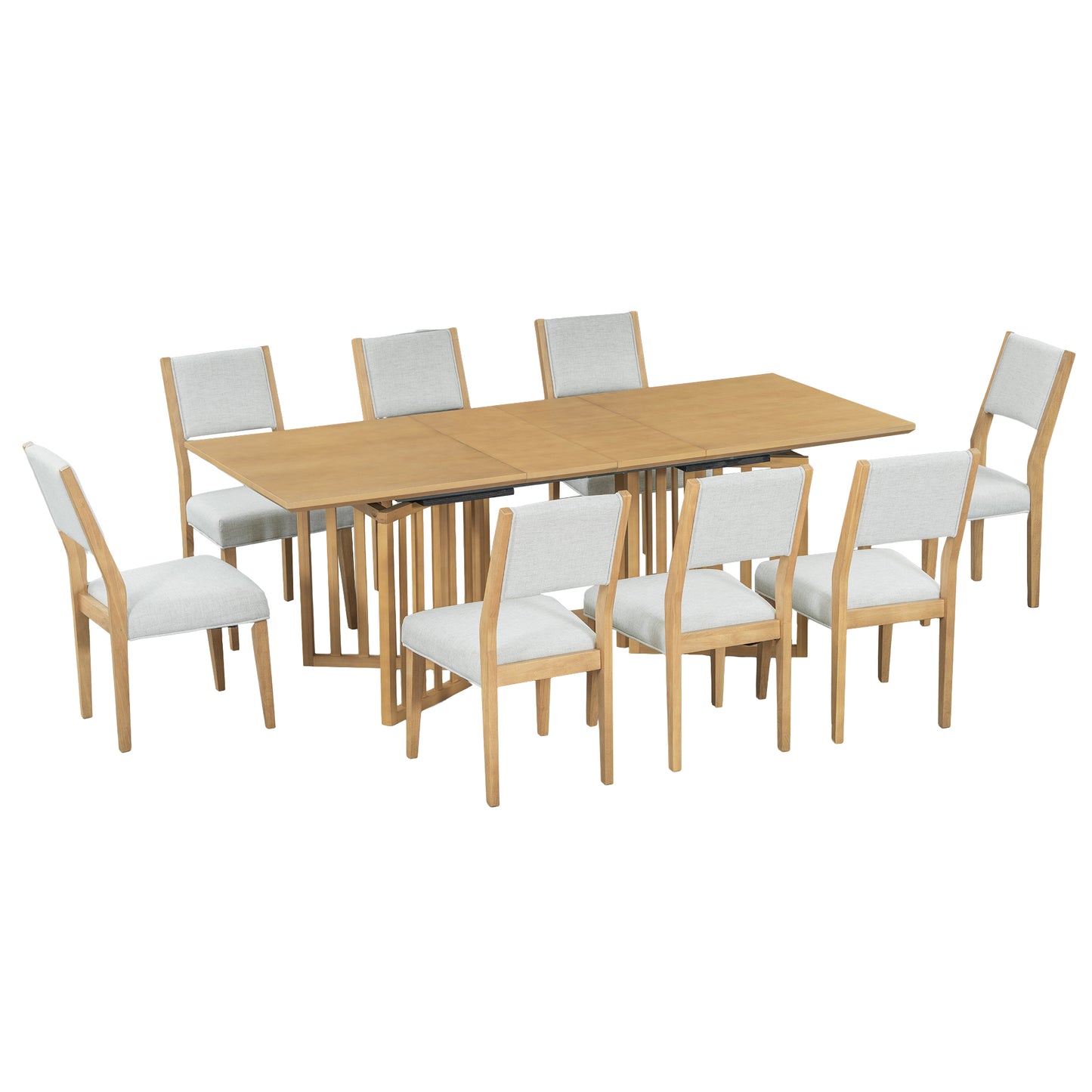 TOPMAX Farmhouse 9-Piece Extendable Dining Table Set with 2 Removable Leaves and 8 Upholstered Chairs, Natural Rubber Wood