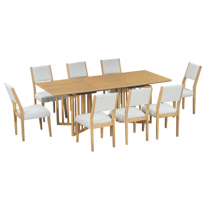 TOPMAX Farmhouse 9-Piece Extendable Dining Table Set with 2 Removable Leaves and 8 Upholstered Chairs, Natural Rubber Wood