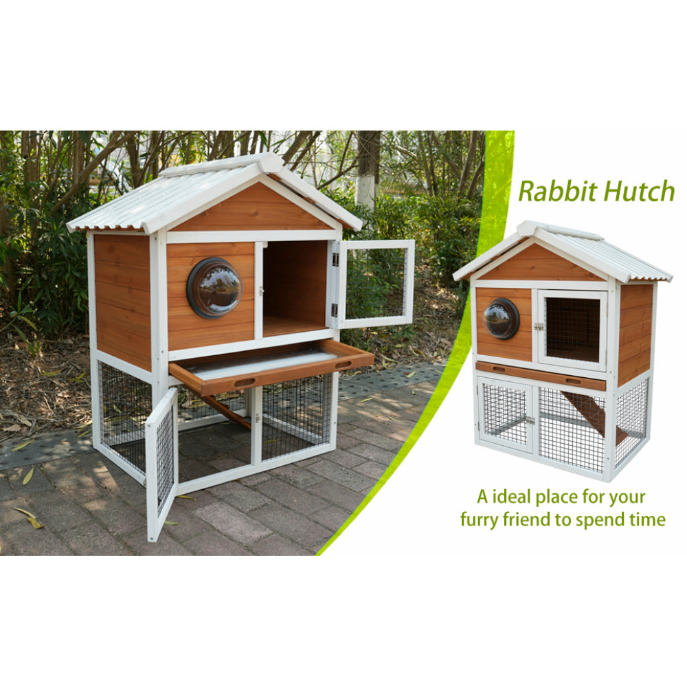 Rabbit Hutch Outdoor, Bunny Cage with Waterproof Roof, Removable Pull Out Tray,  2-tier Wooden Rabbit House for Small Animals, Rabbit Enclosure Suits for Guinea Pigs, Hamster,.Viewing Window Design