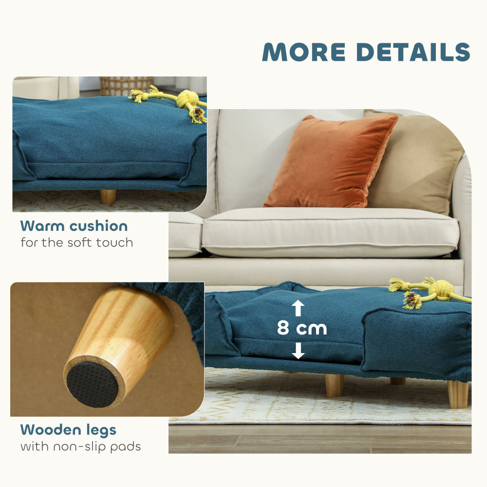 Raised Pet Couch with Comfortable Cushion, Pine Wood Legs,  Dark Blue